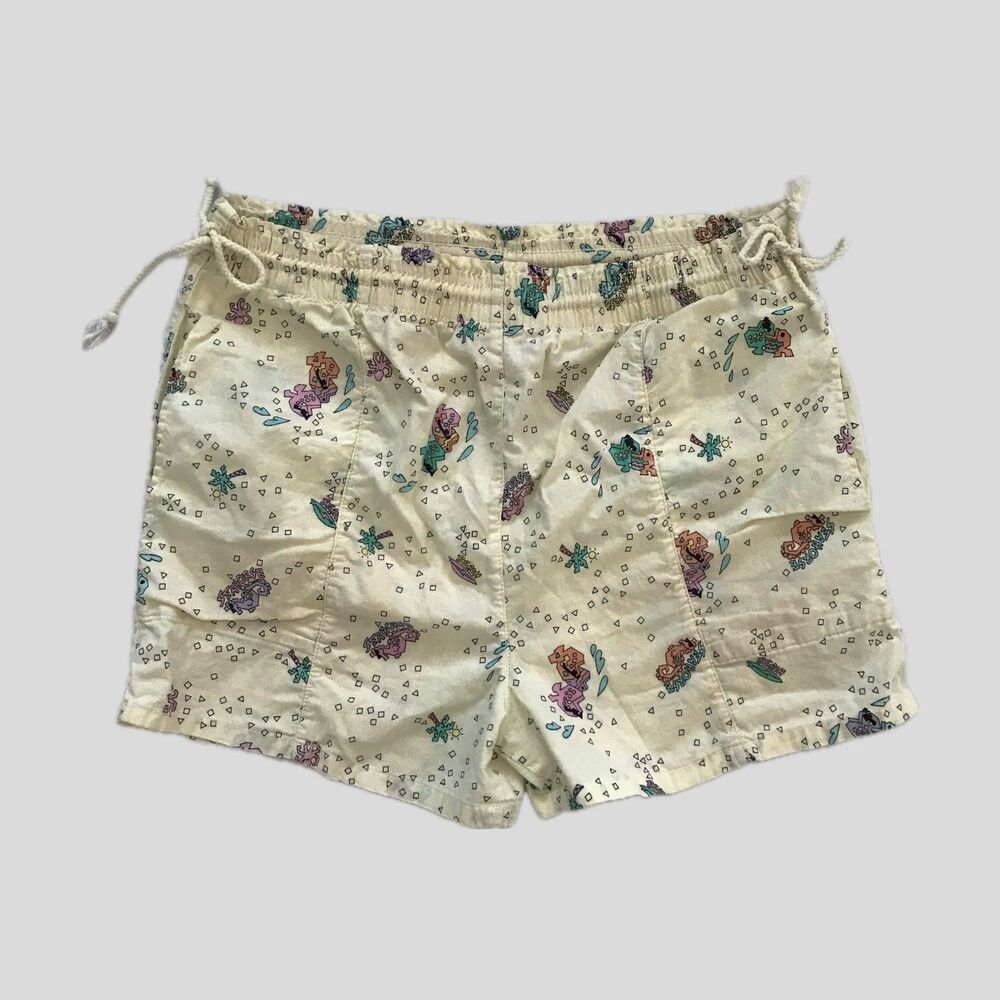 Vintage 1990s Pastel Yellow Geometric Print Colorful Cotton Summer Shorts Size S